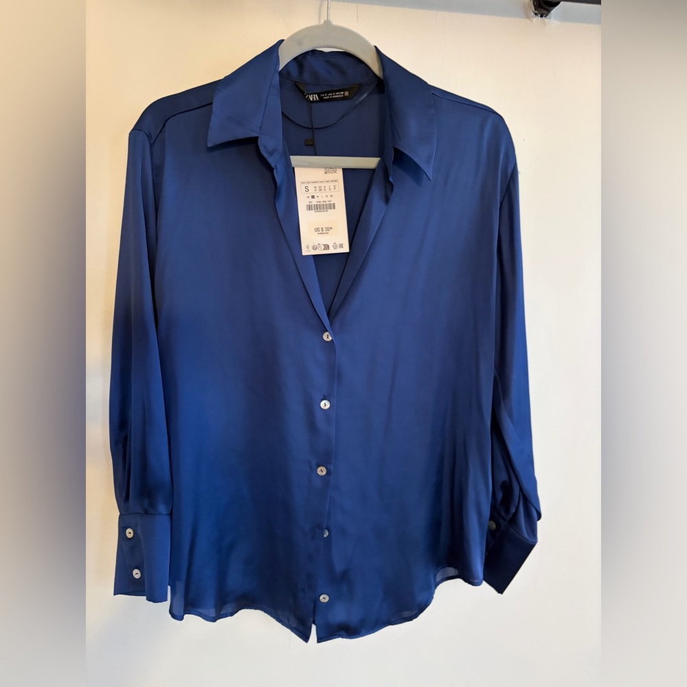 Zara Navy Blue Satin-Effect Buttondown Shirt